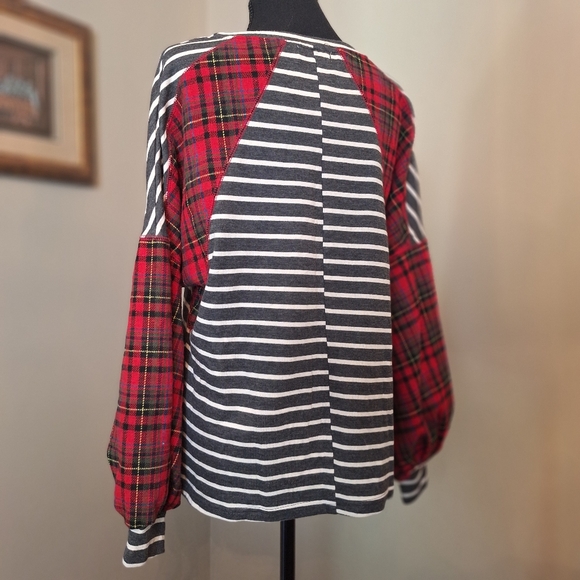 ANDTHEWHY Christmas plaid striped Ballon long sleeve top M - Picture 7 of 15